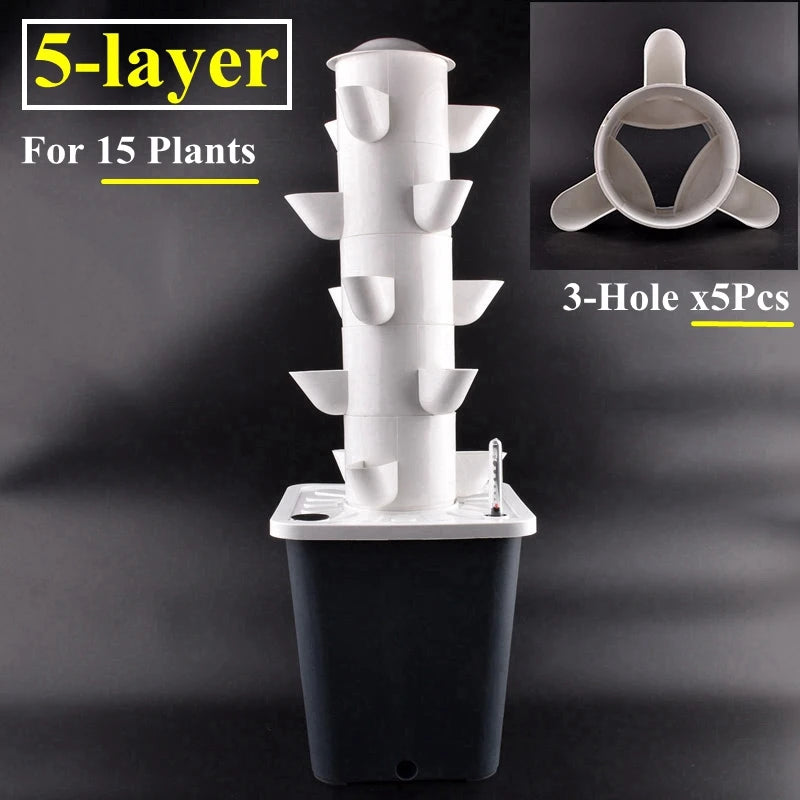 5-tier vertical hydroponic vegetable planter tower in white with multiple side planting cups over black base