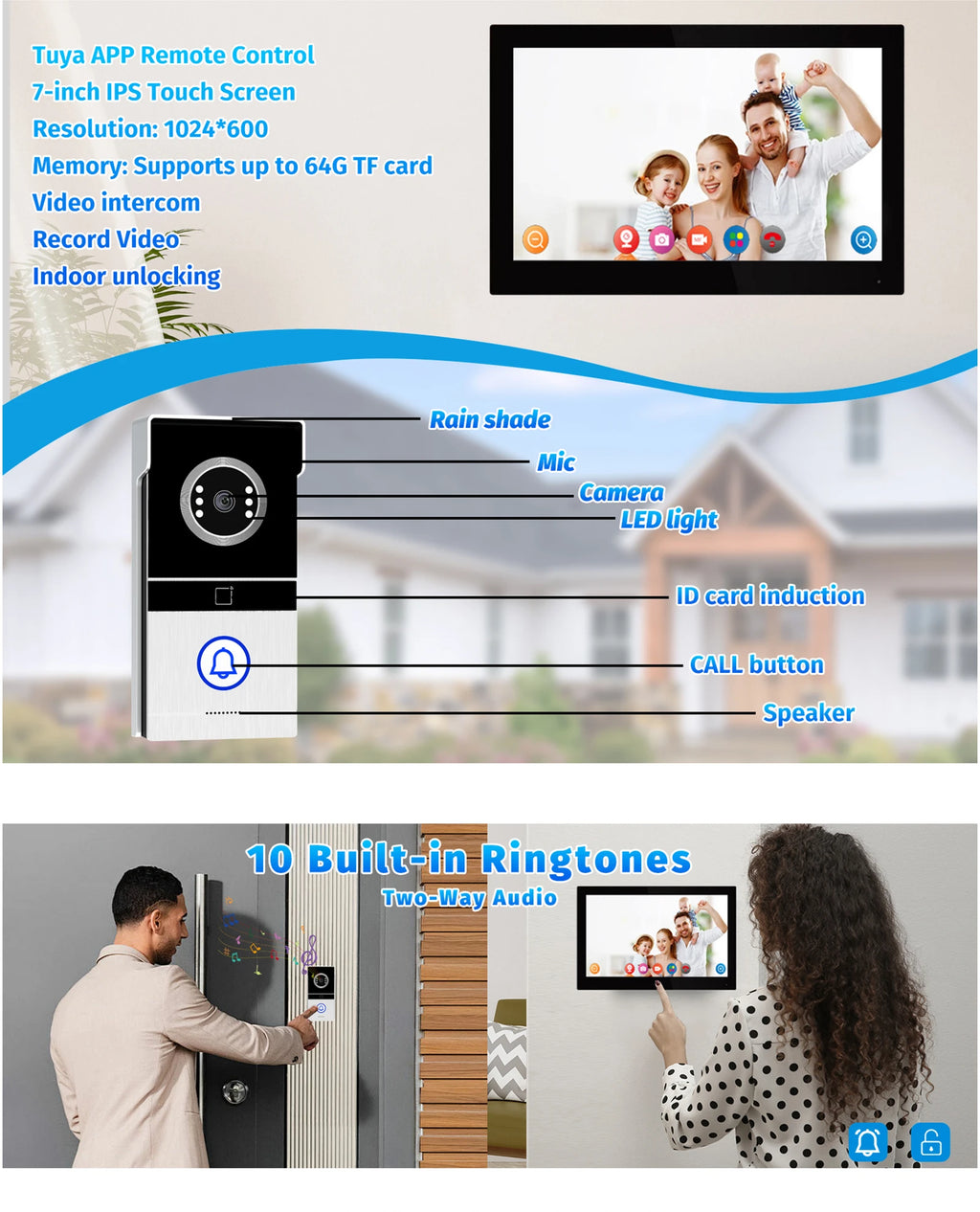 Tuya WiFi Video Intercom with 7'' HD Display, Dual-Mode Night Vision & Waterproof Design, Video Door Bell for Villa/Gate