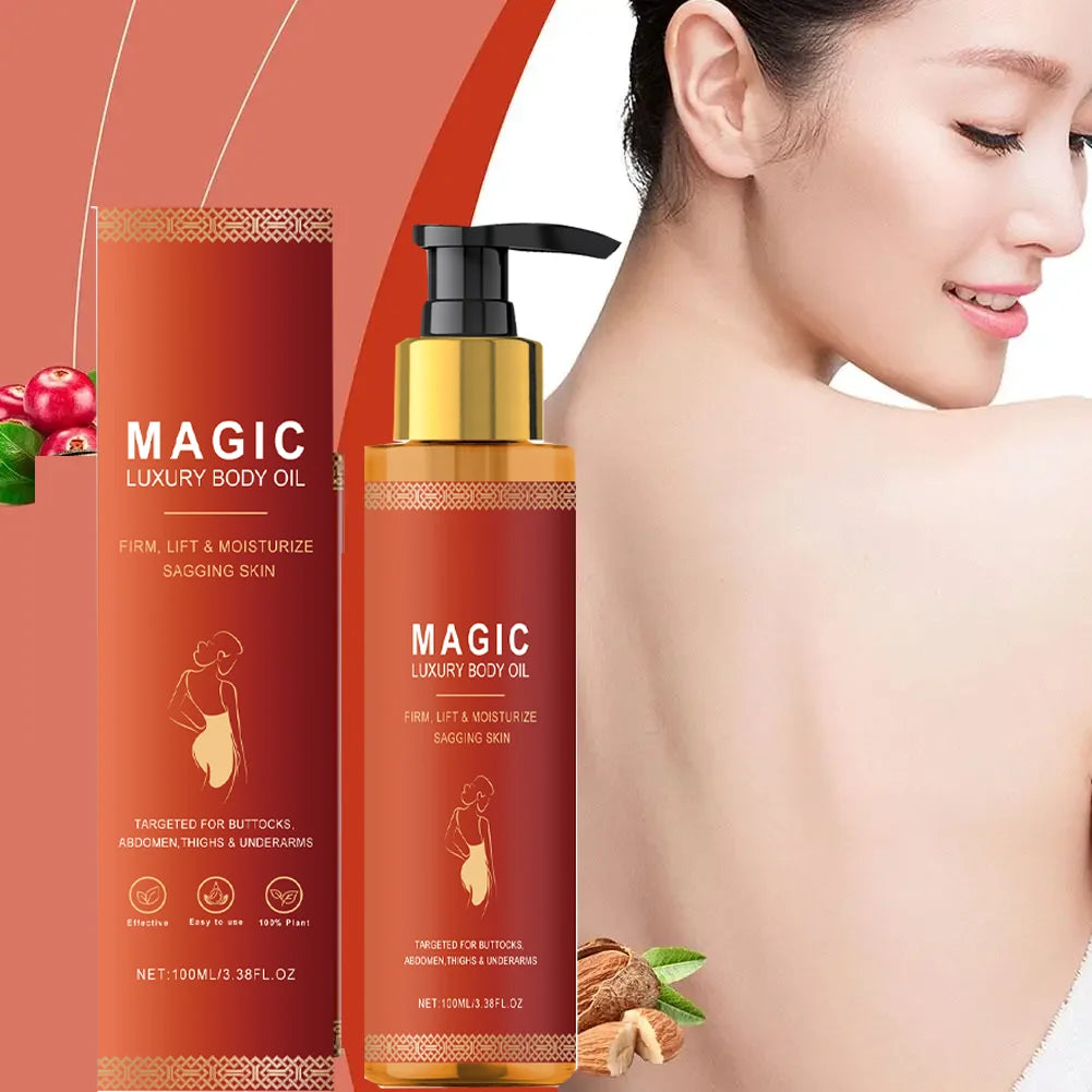 A bottle and box of Magic Luxury Body Oil in a warm orange gradient design, alongside almonds and a woman's shoulder.