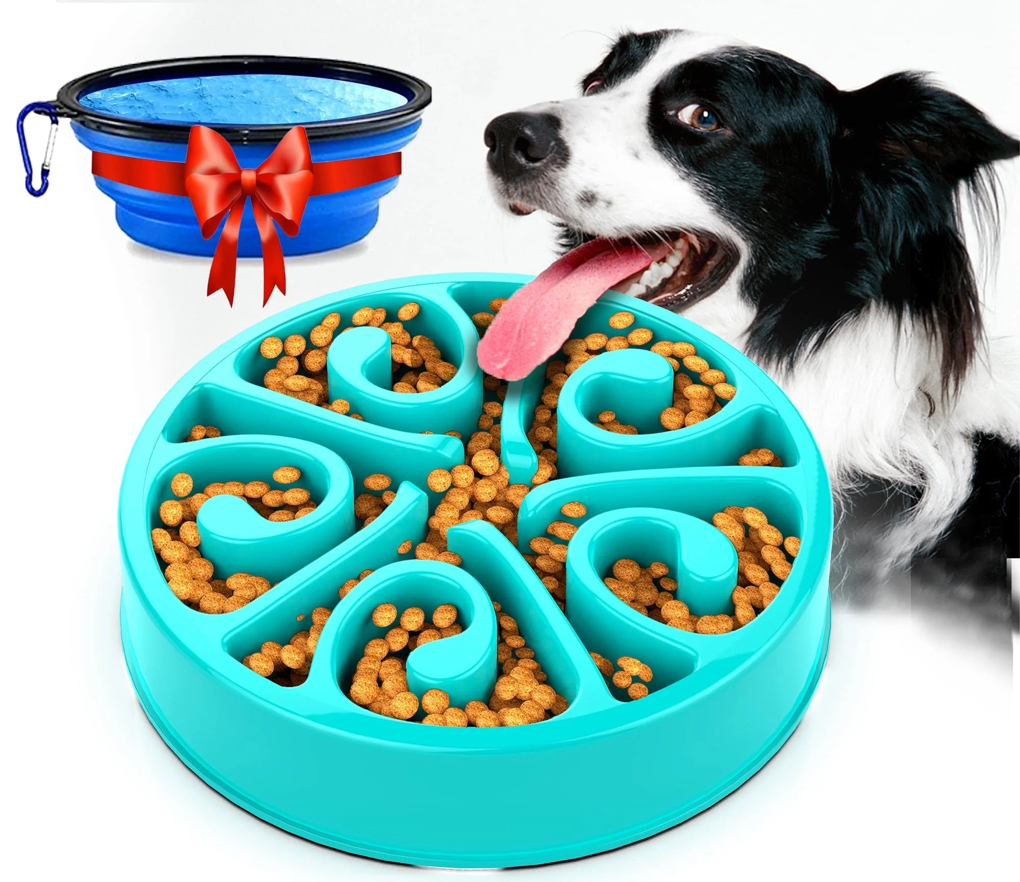 Dog eating from a teal non-slip slow feeder bowl to prevent anti-gulping, plus a bonus collapsible travel dog bowl.