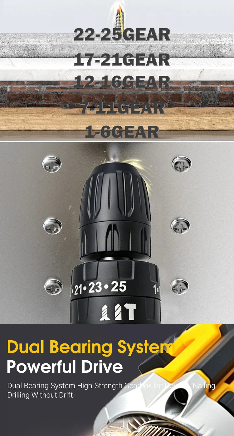 25+3 Torque Impact Drill Electric Screwdriver Cordless Electric Hammer Drill Driver 2 Gear Speed Lithium-Ion Battery Power Tool