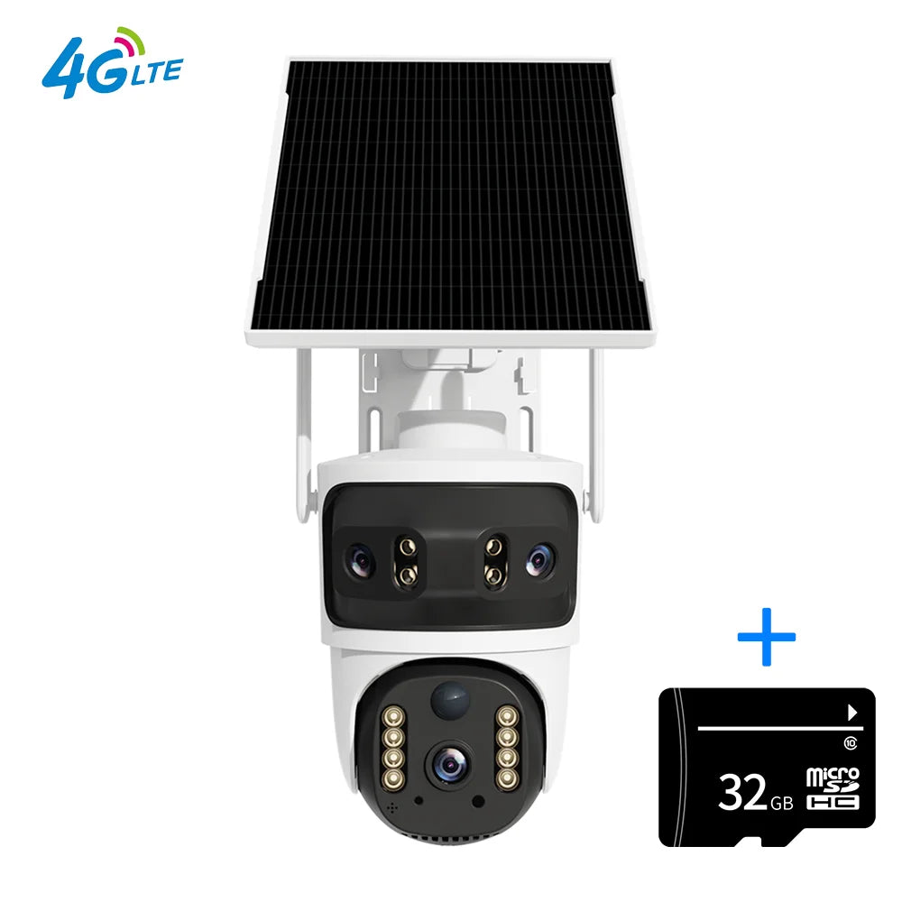 White outdoor PTZ security camera with solar panel plus 32GB microSD card