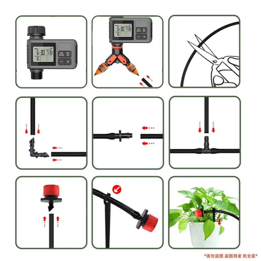 LCD irrigation timer kit with connectors and step-by-step watering setup components