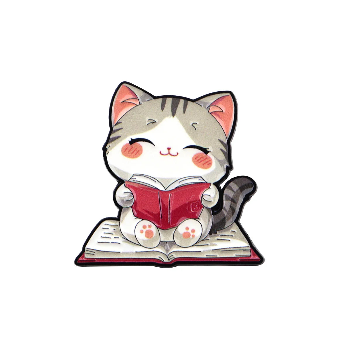 Cute tabby cat enamel pin reading a book, perfect as a stylish lapel badge for backpacks, bags, or cat lover gifts.