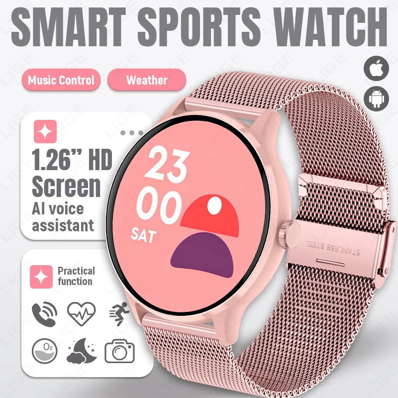 Smart sports watch with rose-pink mesh strap, round 1.26" HD screen.