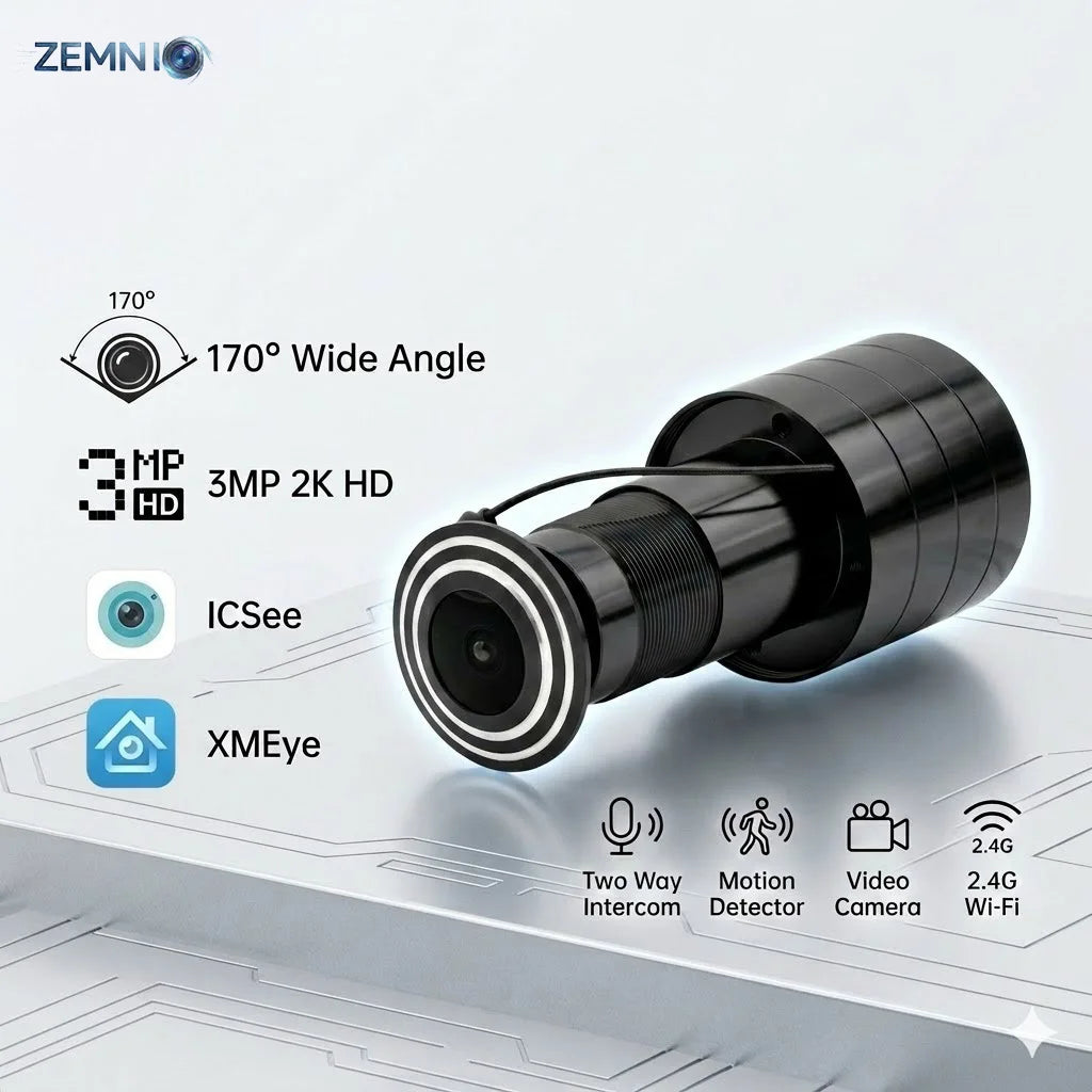 ZEMNIO 3MP 2K HD Smart Peephole Camera, 170° WiFi Video Doorbell, Two-Way/Motion, ICSee/XMEye App, 2.4G, Power Opt. EU/US/UK/AU