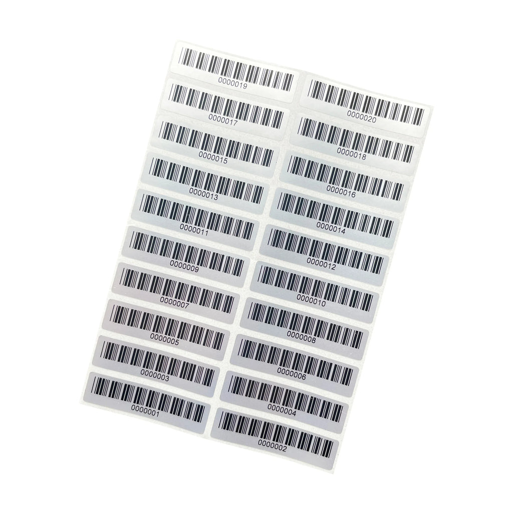 Matte silver PET barcode asset labels sheet with rows of small rectangular barcode labels