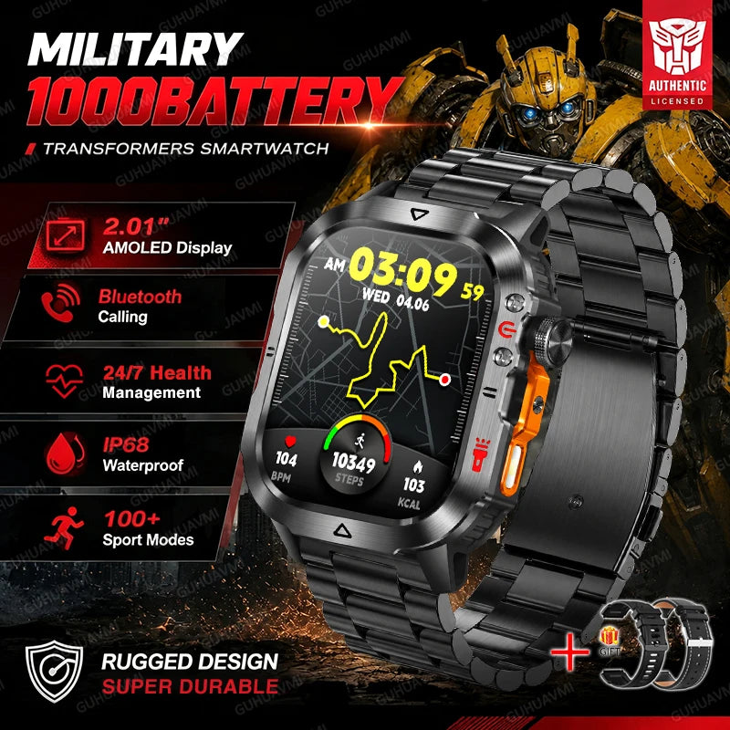Black rugged men’s smartwatch with dark display and black metal link strap