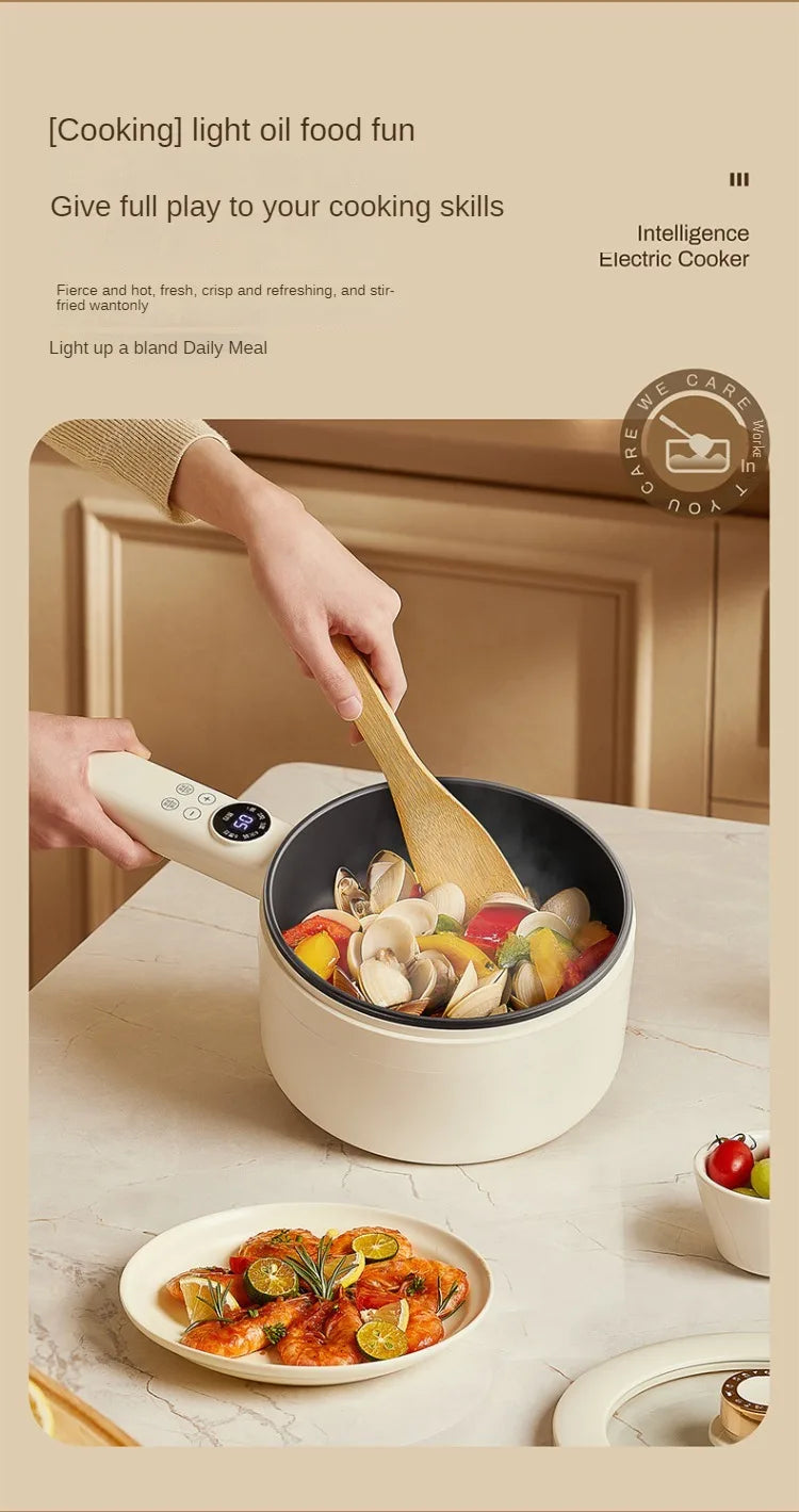 White electric hot pot on countertop, stirring food with a cooking utensil.
