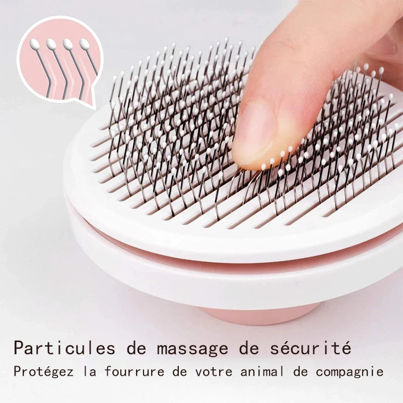 Self-cleaning slicker brush for dogs and cats with rounded safety pins for gentle grooming and detangling pet hair.