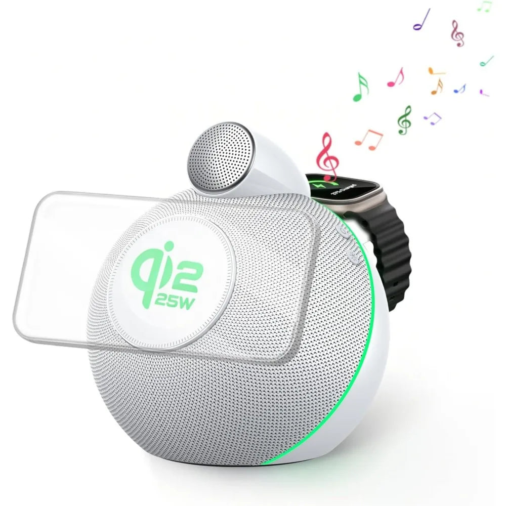 Bluetooth 5.3 Hi-Fi Speakers & Soft Ambient Lights 4-in-1 Qi2.2 25W Magnetic Wireless Charger for iPhone Apple Watch Airpods Pro