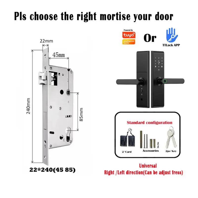 Keyless Tuya Bluetooth APP Digital Biometric Fingerprint Electric Smart Door Handle Key Card Lock with 5050 72 85 Mortise