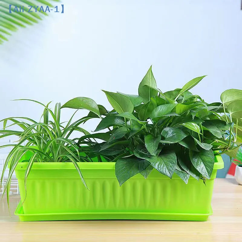 Bright green rectangular plastic vegetable planter filled with leafy plants