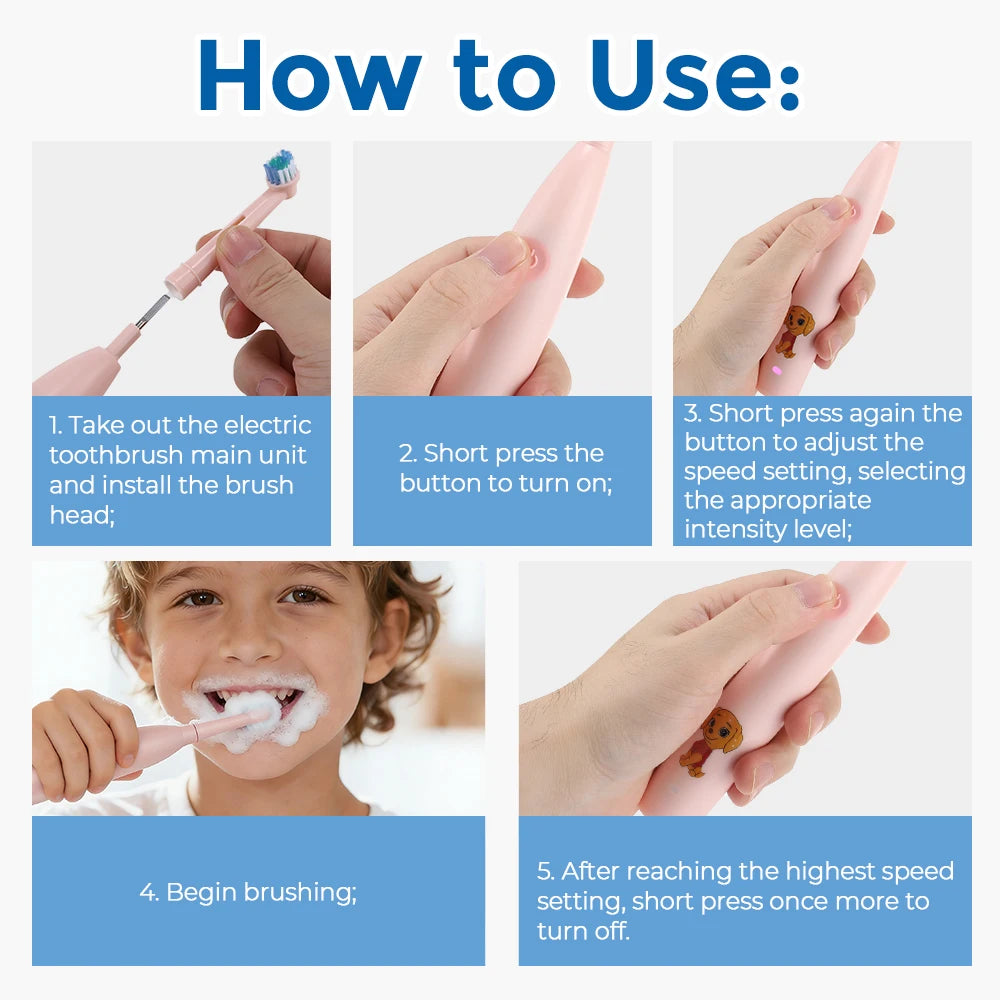 Children's Electric Toothbrush with 4 Replacement Heads Cartoon Kids Electric Toothbrush 5 Cleaning Modes Round Head Rotating