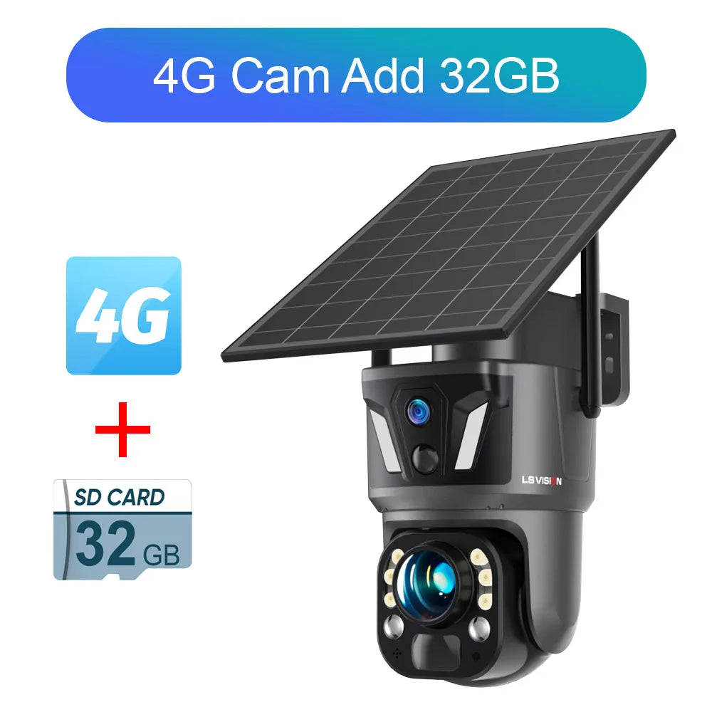 4G solar security camera bundle with solar panel and dual-lens camera body