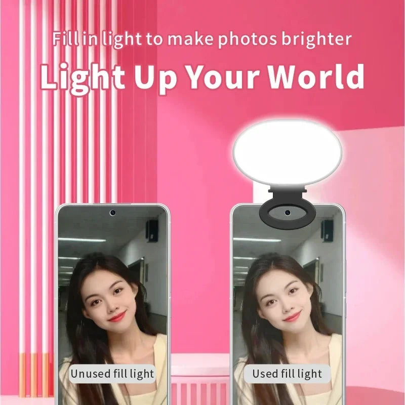 Clip-on circular LED fill light for smartphones to brighten selfies, featuring a black mount and white light panel.