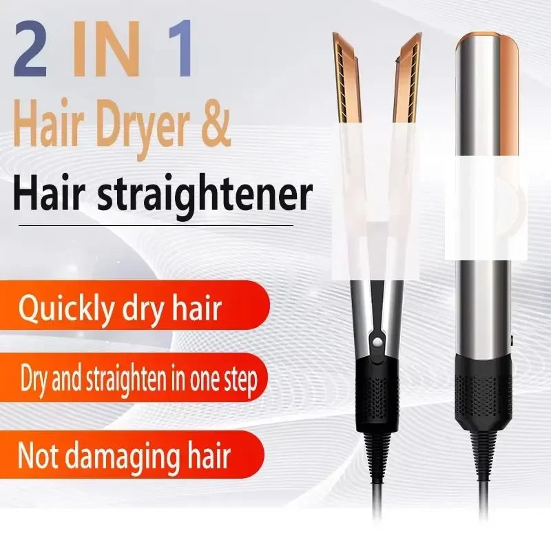 2-in-1 negative ion hair dryer and straightener in white and rose gold for fast, damage-free styling on wet hair.
