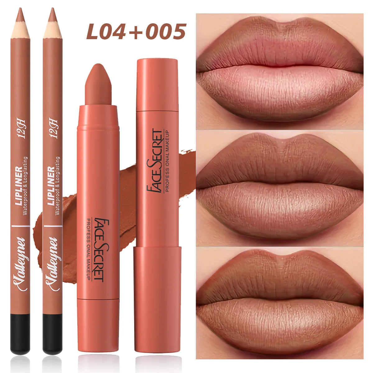 2-piece nude matte velvet lipstick and waterproof lip liner combo set for long-lasting, smooth lip makeup application.