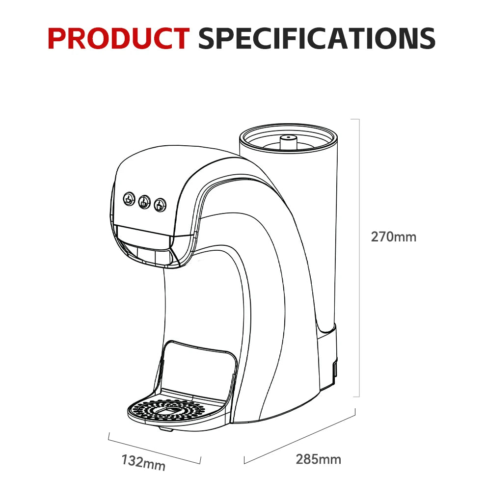 Line drawing of a compact coffee maker with dimensions 285x132x270mm showing buttons and a water reservoir.