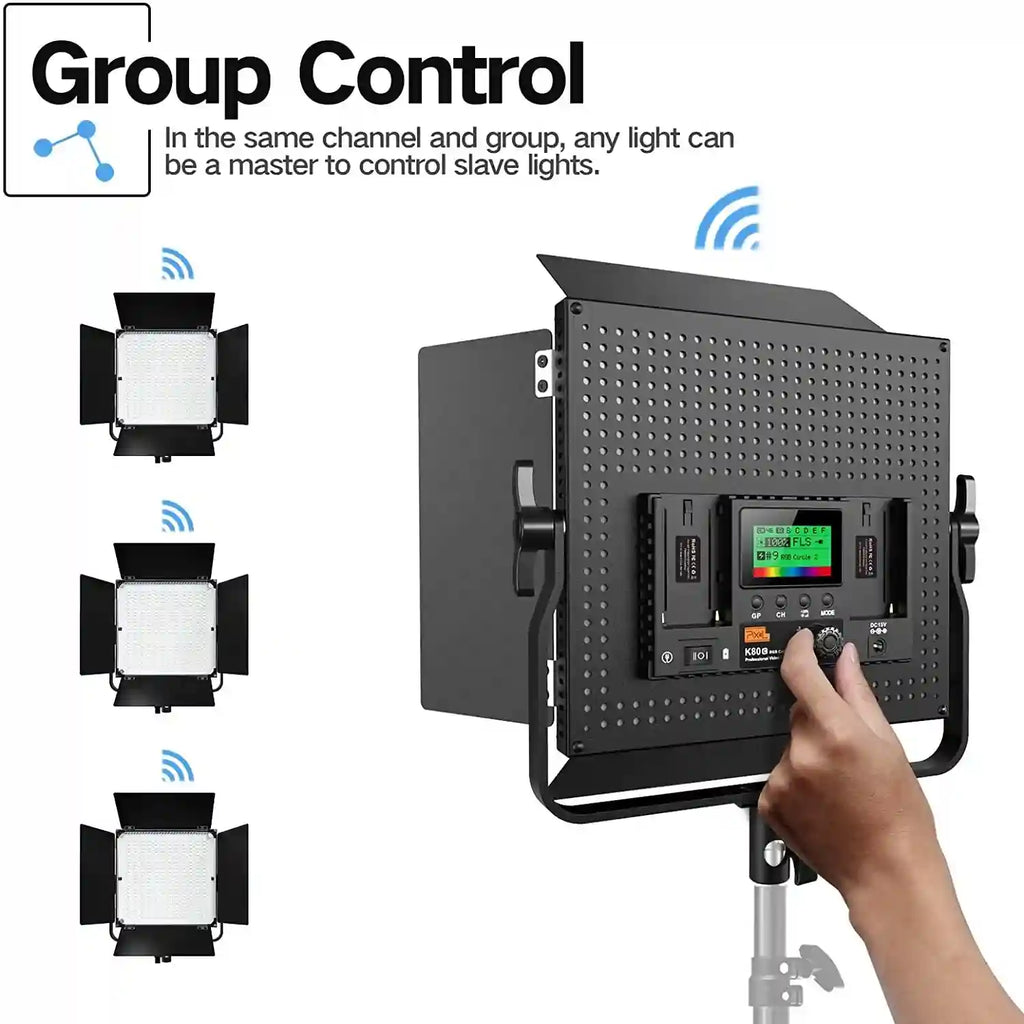 Black LED video panel light with barn doors, digital display, and wireless group control dial on a light stand.