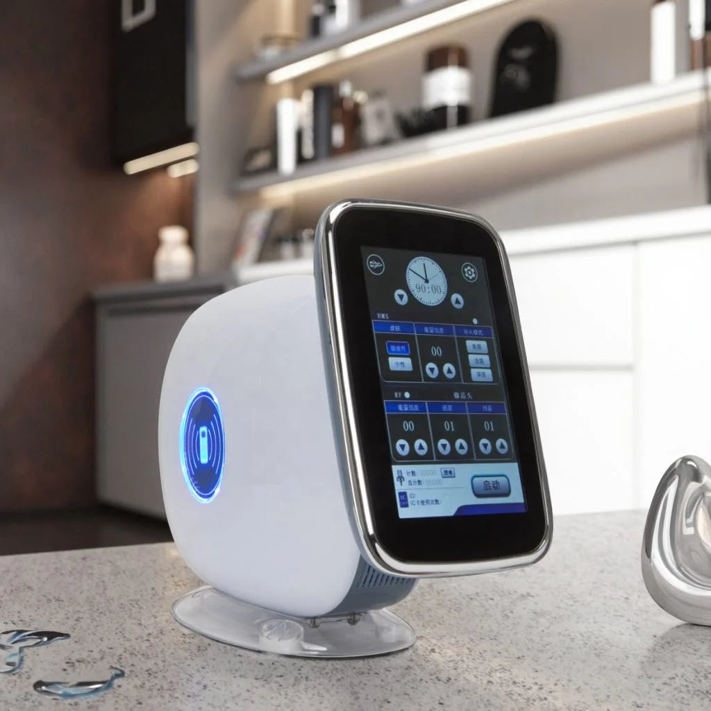White 3-in-1 nano mesotherapy machine with RF, EMS, and touchscreen display for home anti-aging and face lifting.