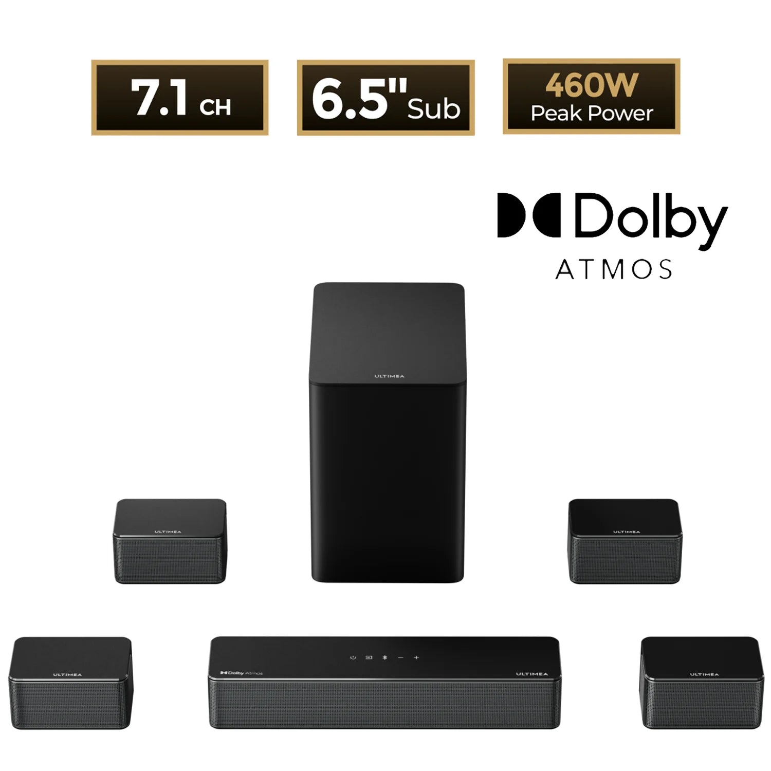 Black 7.1 channel sound system with subwoofer, speakers, and top touch buttons for an immersive sleep sound environment.