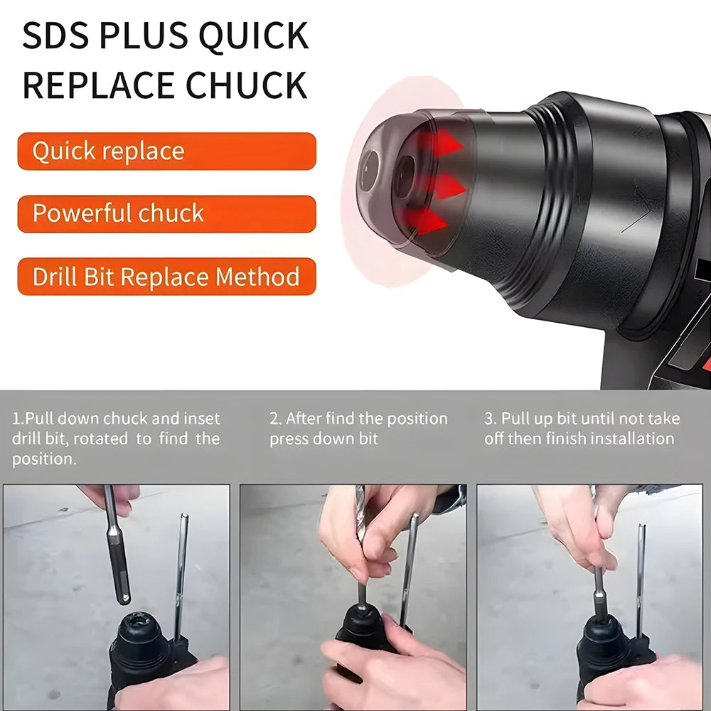 Podofo Brushless Electric Hammer Drill Cordless Impact Drill Power Tools Switch Hammer/Drill/Electric Pick 3-In-1 Multifunctional Rotary Power Tool Battery Drill Power Tools Without Battery
