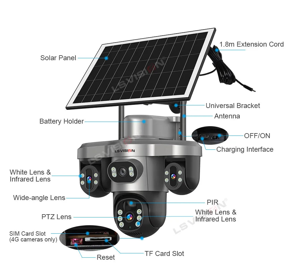 LS VISION 4G / WiFi Solar Camera 3Lenses Outdoor 15MP 4K Low Power Battery IP Camera PIR Night Vision V380 Pro CCTV Security
