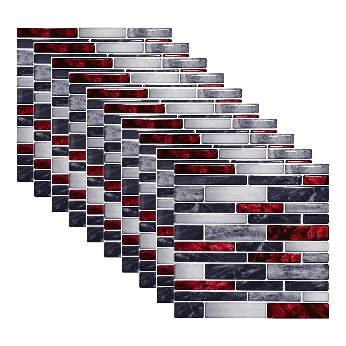 Self-adhesive marble mosaic tile stickers, red and white brick pattern
