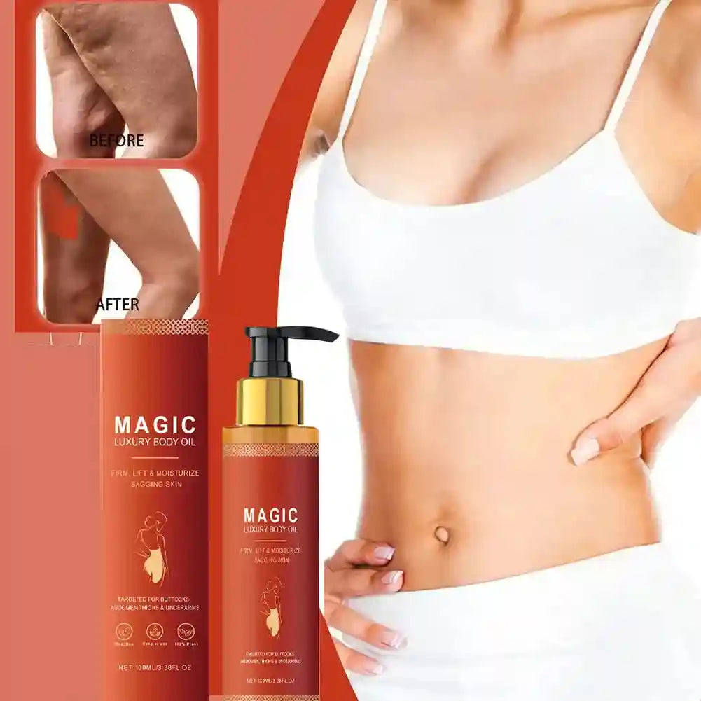 Bottle of Magic Luxury Body Oil beside a person in a white top, featuring before and after skin texture comparisons.