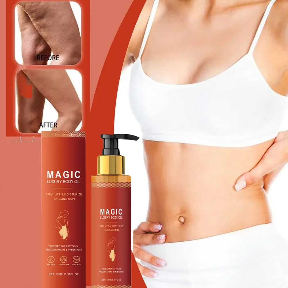 Magic Luxury Body Oil bottle in a copper-colored pump dispenser with before and after skin transformation results.