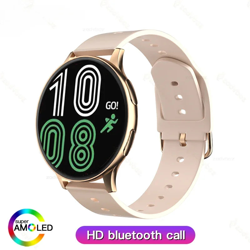 Bluetooth calling smart watch with gold bezel and light beige silicone strap