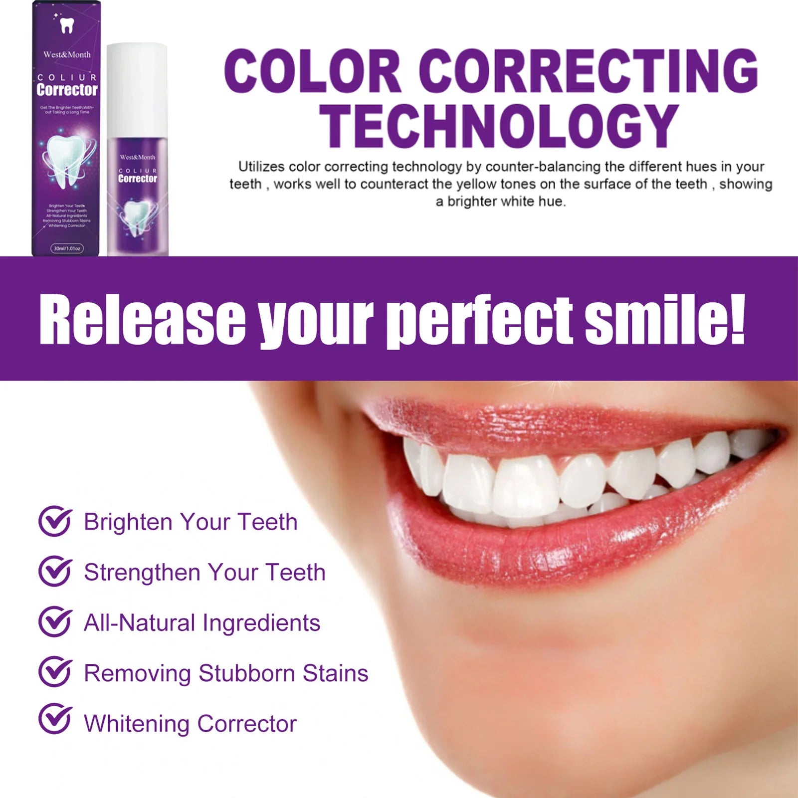 Tidesmit purple color correcting toothpaste for stain removal, teeth whitening, and fresh breath care
