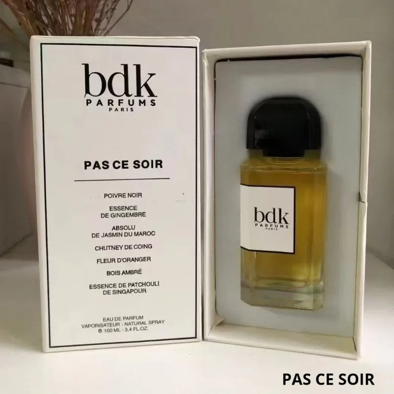 BDK Parfums Pas Ce Soir 100ml EDP: luxurious spicy-floral unisex perfume in a sleek glass bottle with black cap.