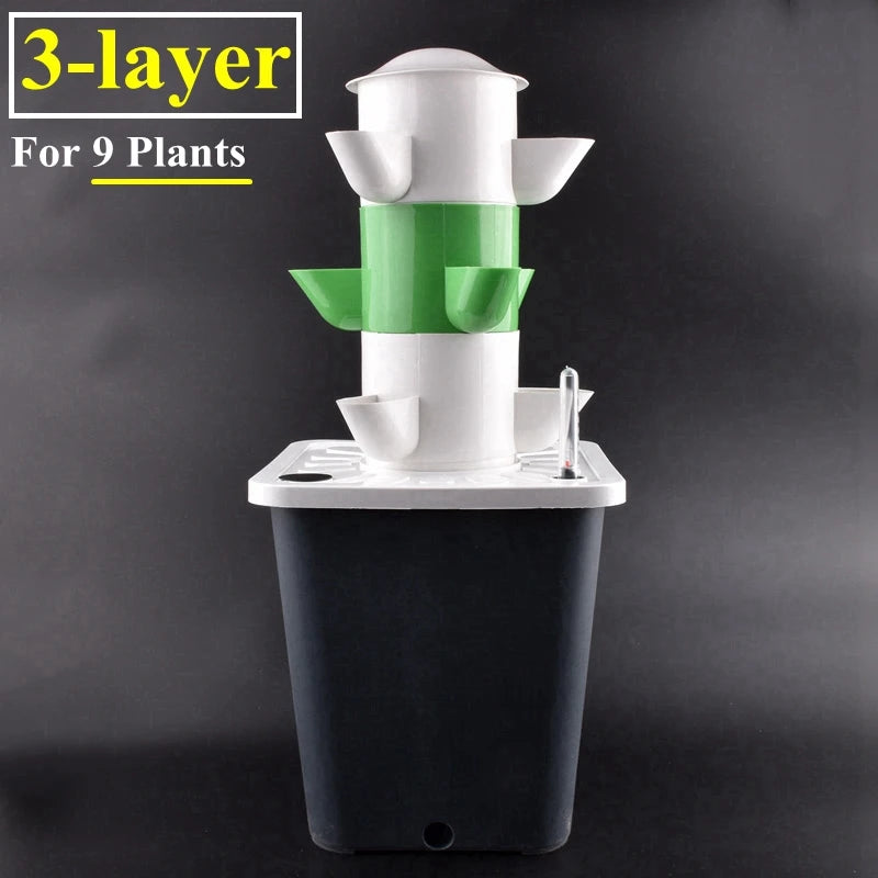 Vertical 3-tier hydroponic vegetable planter tower with white and green cups, base reservoir
