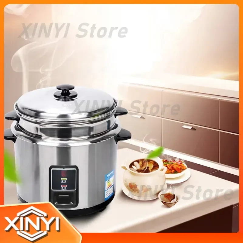 Stainless steel rice cooker with domed lid, black control panel, and side handle