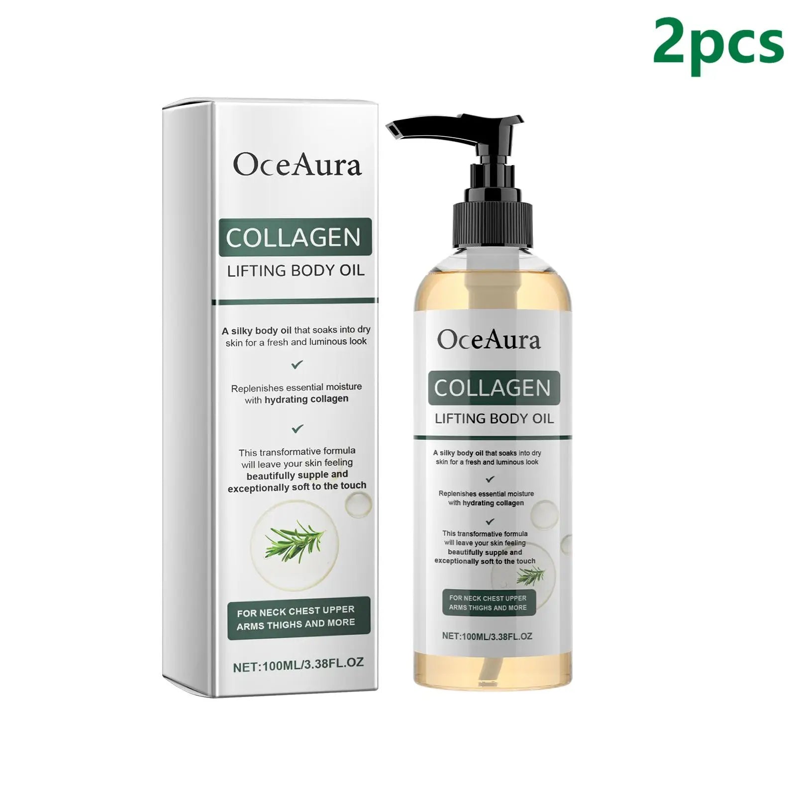 OceAura collagen lifting body oil two-pack with boxed bottle and black pump dispenser