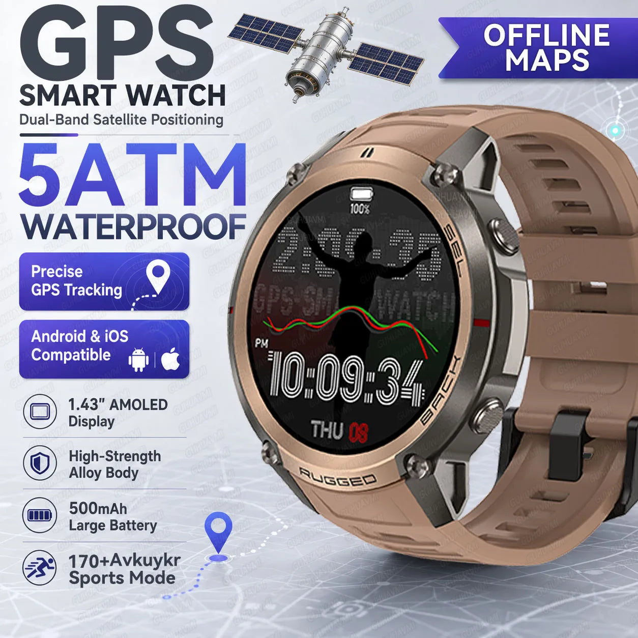 Rugged smartwatch with round bronze case and tan silicone strap, AMOLED display.