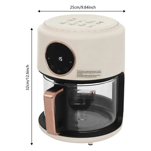 White air fryer shown with front-facing dimensions and control panel