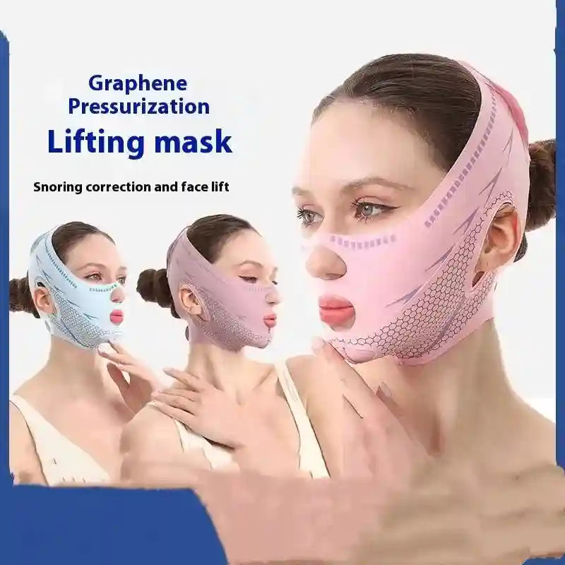 Three women wear blue, purple, and pink V-line face lifting straps with a textured, breathable fabric design.