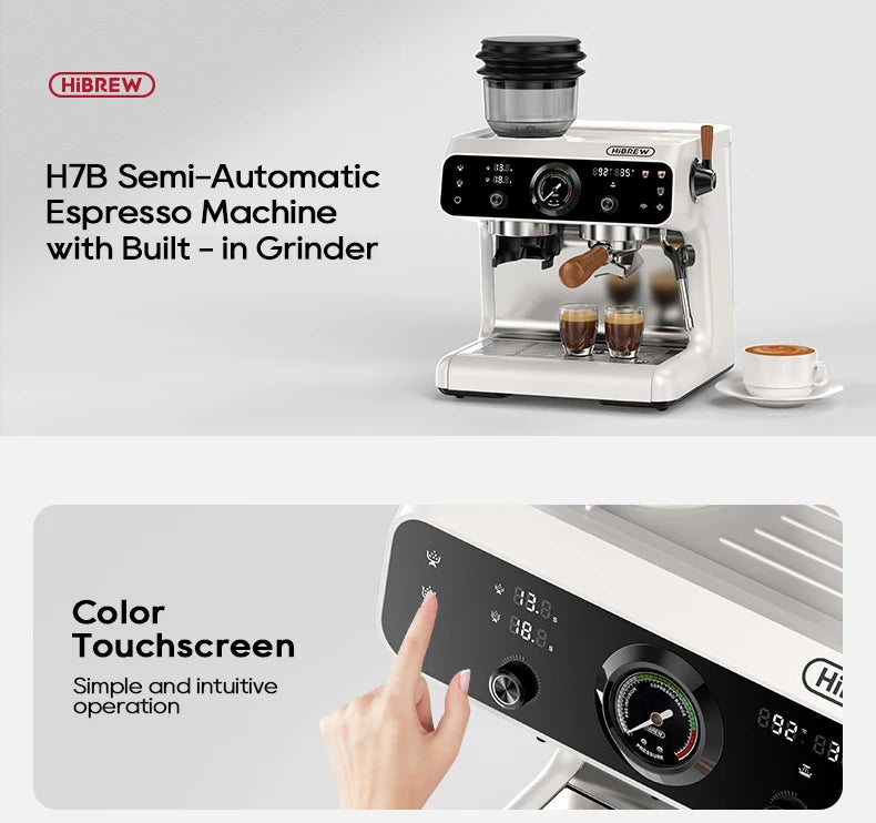 HiBREW H7B white semi-automatic espresso machine with built-in grinder and intuitive touchscreen display.