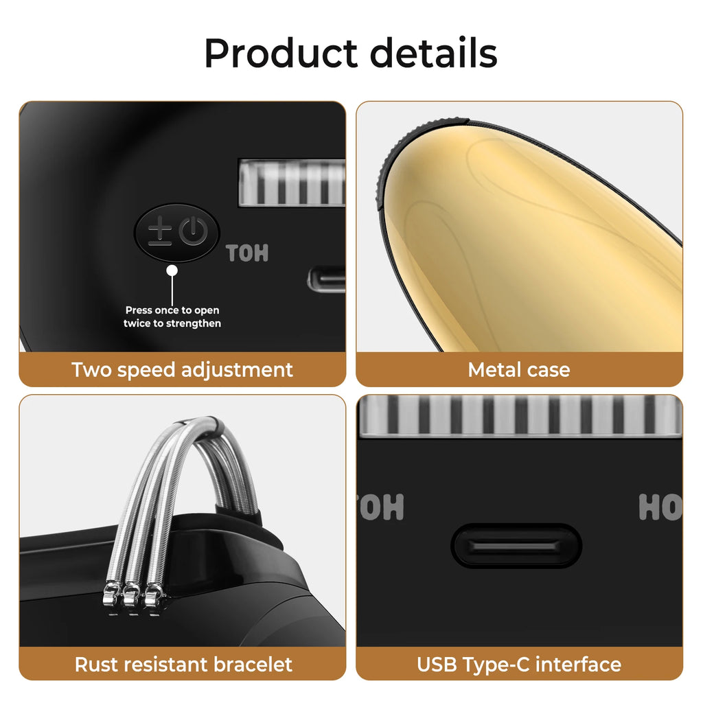 Four panels showing a gold and black cordless massager with two-speed control, metal casing, spring handle, and USB-C.