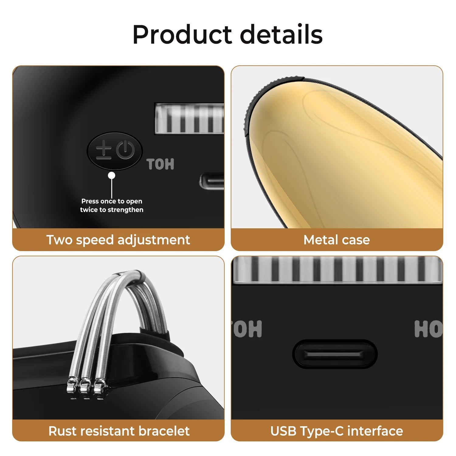 Four panels showing a gold and black cordless massager with two-speed control, metal casing, spring handle, and USB-C.