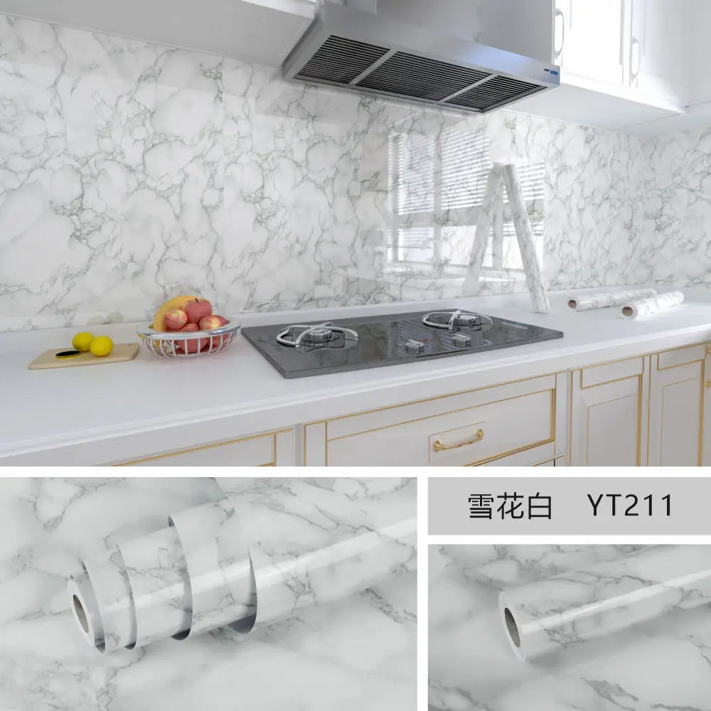 Self-adhesive white marble-pattern wallpaper roll, subtle gray cloud veining