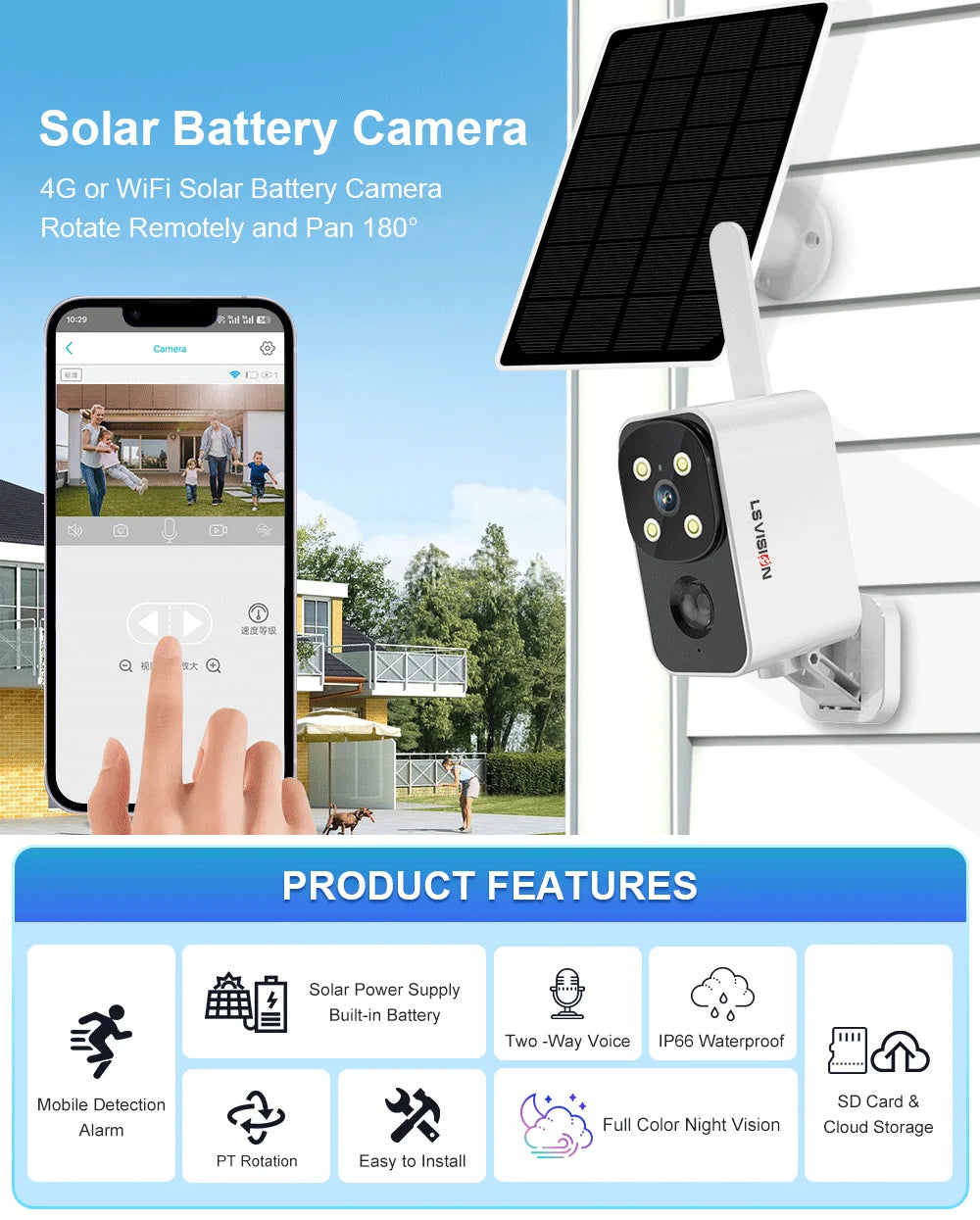 LS VISION Outdoor Solar Camera Wireless Cam WIFI/4G Ultra Standby Time PIR Motion Light Color Night Vision AI Detect Battery Cam