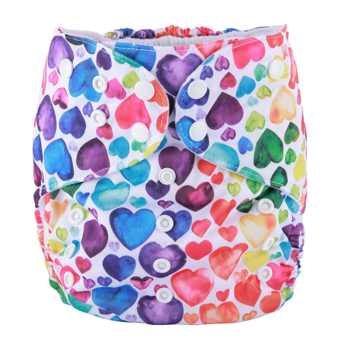Adjustable reusable baby cloth diaper with a colorful rainbow watercolor heart pattern and white snap fasteners.