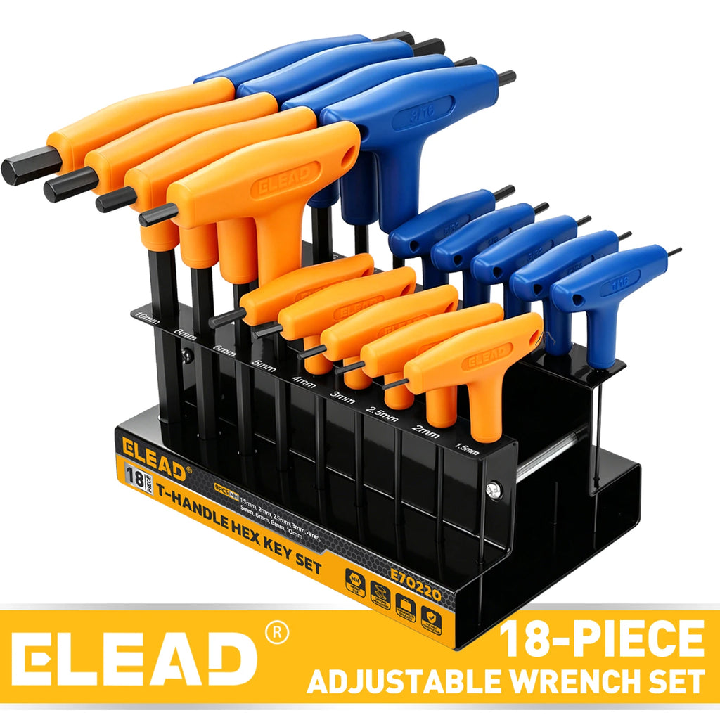 ELEAD 18Pcs T-Handle Hex Wrench Set, Metric & SAE, CR-V Steel W/ Storage Rack, Ergonomic Soft Grip for Repair DIY