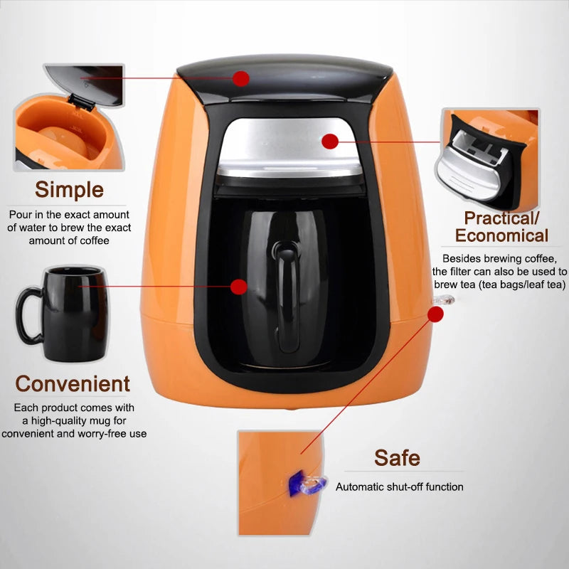 Orange single-serve coffee and tea maker with included black mug, featuring auto-shutoff and compact design.