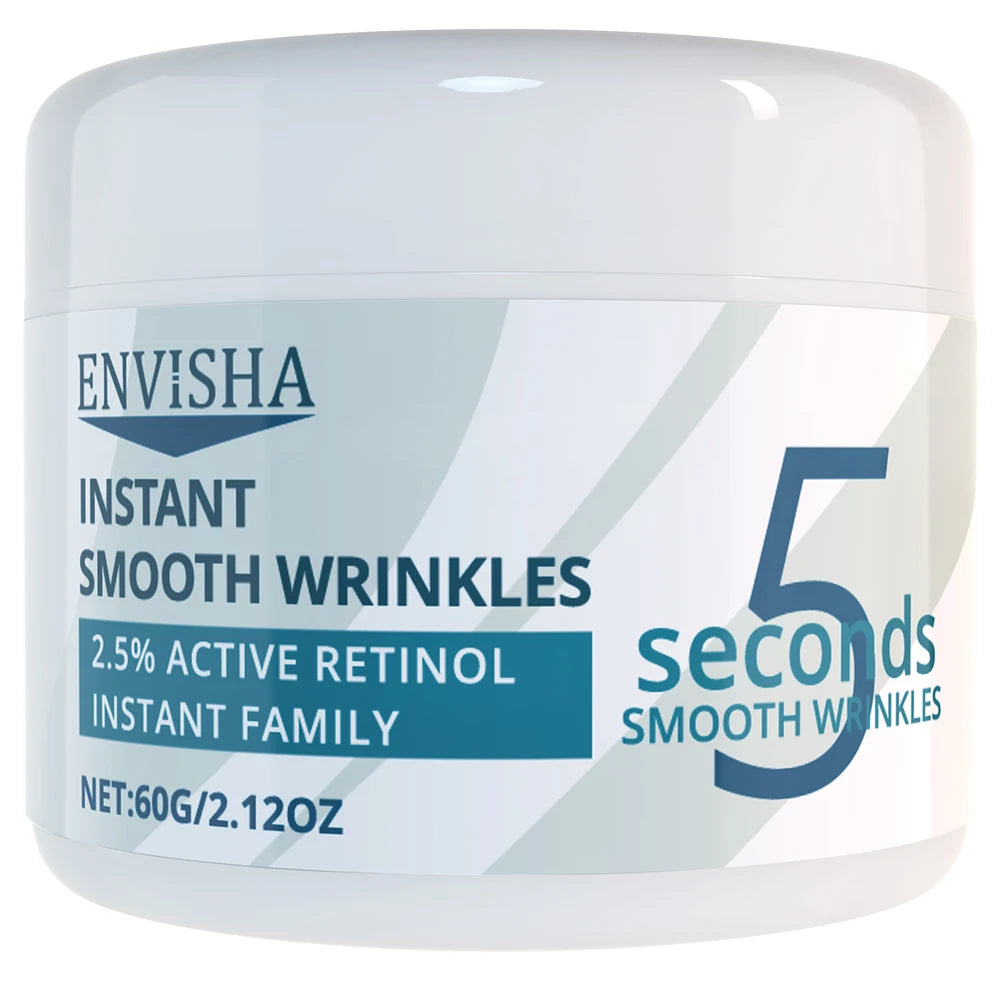 White jar labeled INSTANT SMOOTH WRINKLES 2.5% ACTIVE RETINOL, 5 seconds claim