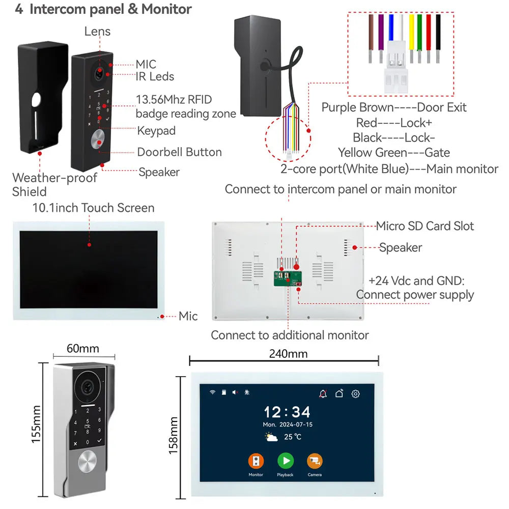 2-Wire TUYA Smart Video intercom doorbell 1080P Waterproof Camera 5G Wifi 7/10inch Touch Screen Support Password Inductive Card